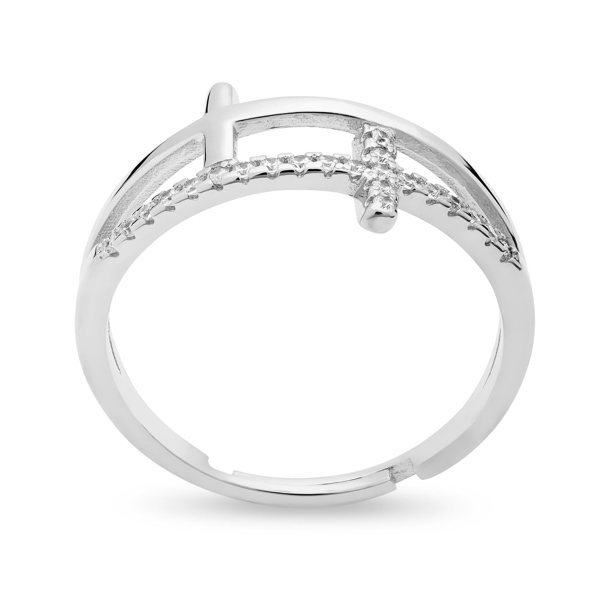 Sterling Silver Adjustable Ring With Double Cubic Zirconia Cross
