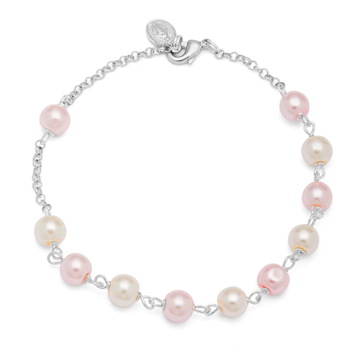 Sterling Silver Rosary Bracelet with White and Pink Synthetic Pearl Beads