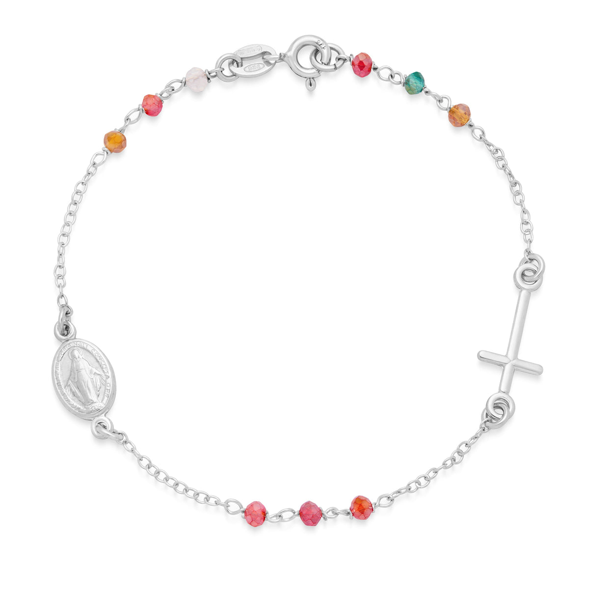 Sterling Silver Bracelet with Multicolored Beads Featuring the Miraculous Medal and a Cross