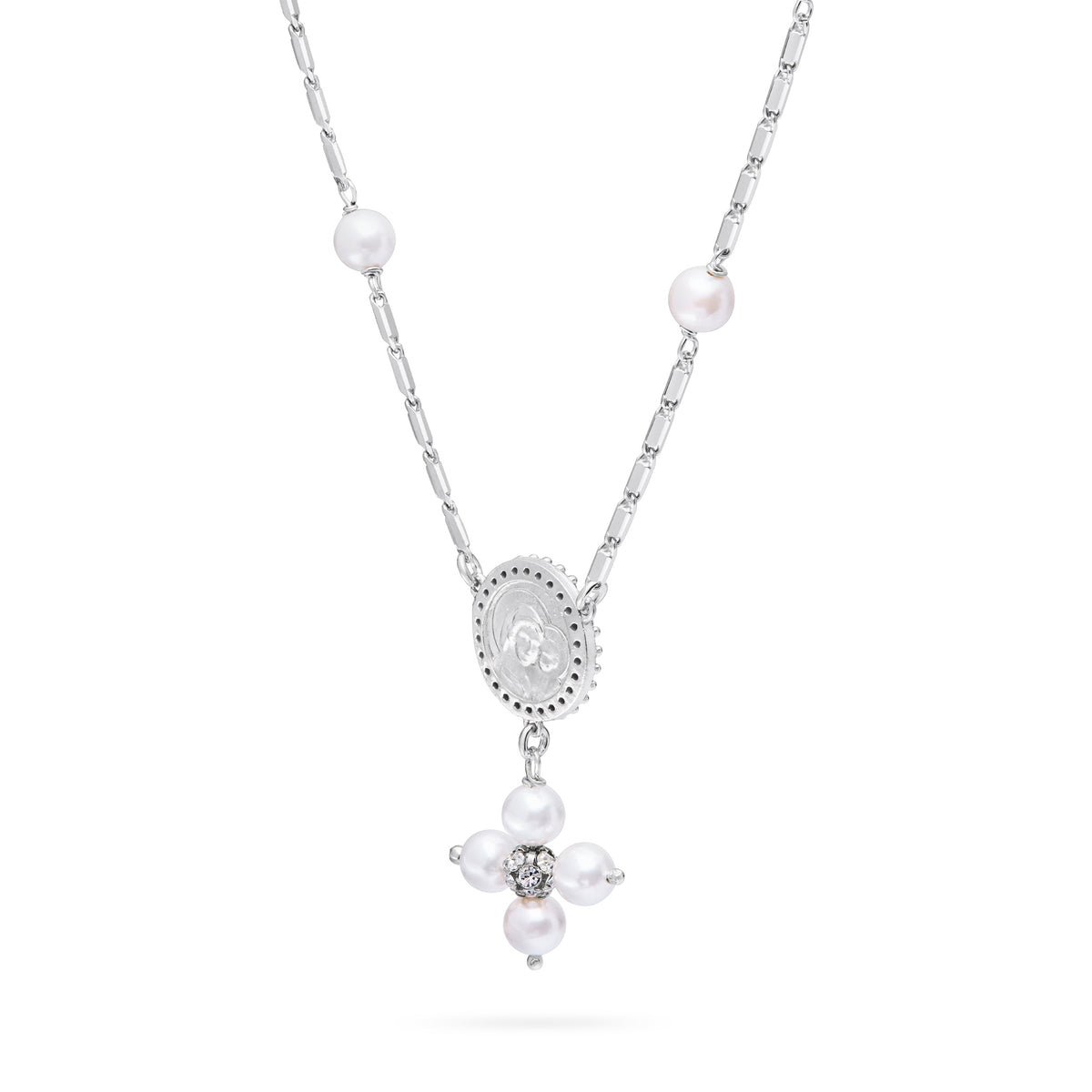Sterling Silver Pope Leo XIV Necklace with White Pearl Beads and Rhinestone Centerpiece