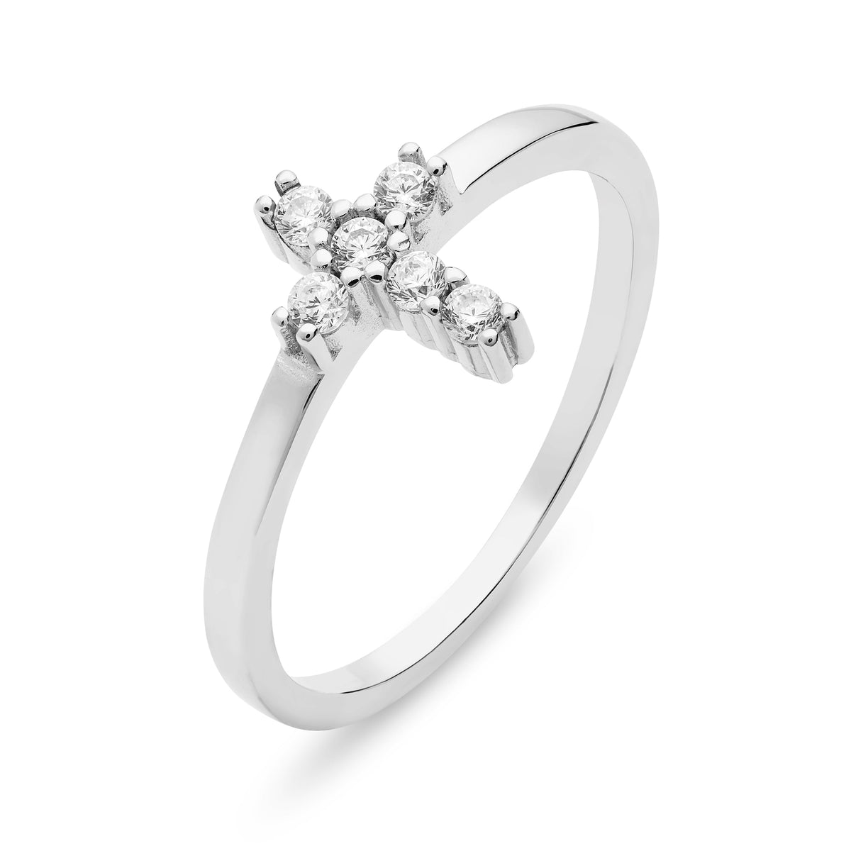 Sterling Silver Adjustable Ring With Cubic Zirconia Cross