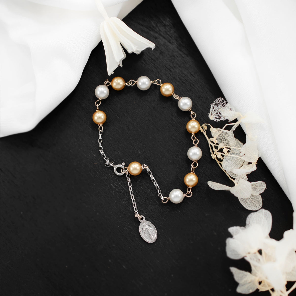 Sterling Silver Rosary Bracelet with White and Gold-Tone Synthetic Pearl Beads