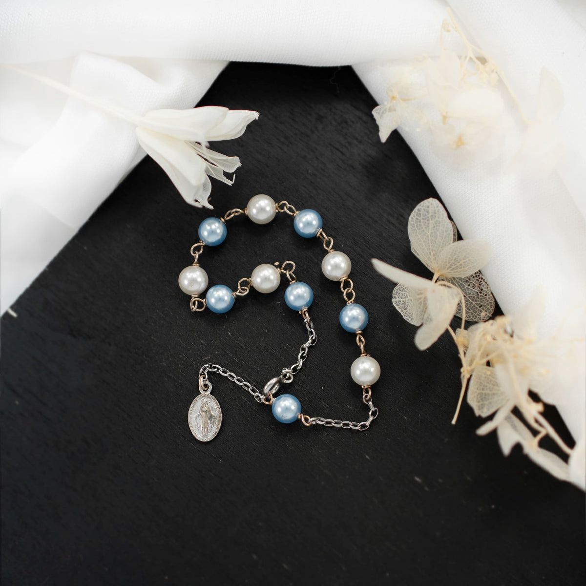 Sterling Silver Rosary Bracelet with White and Light Blue Synthetic Pearl