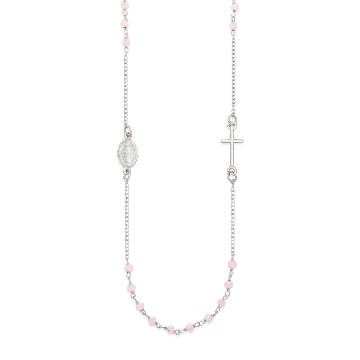 Sterling Silver Rosary Necklace with Light Pink Beads