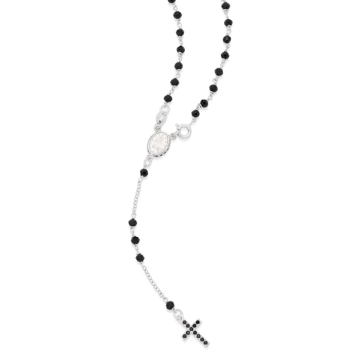 Sterling Silver Rosary with Black Beads and Black Cubic Zirconia
