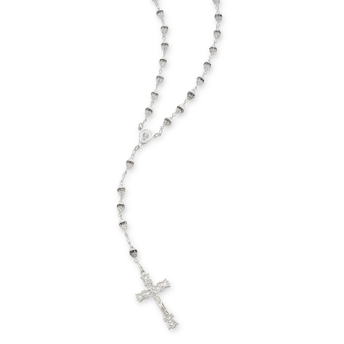 Sterling Silver Rosary with Faceted Clear Crystal Beads and Rhinestone Spacers