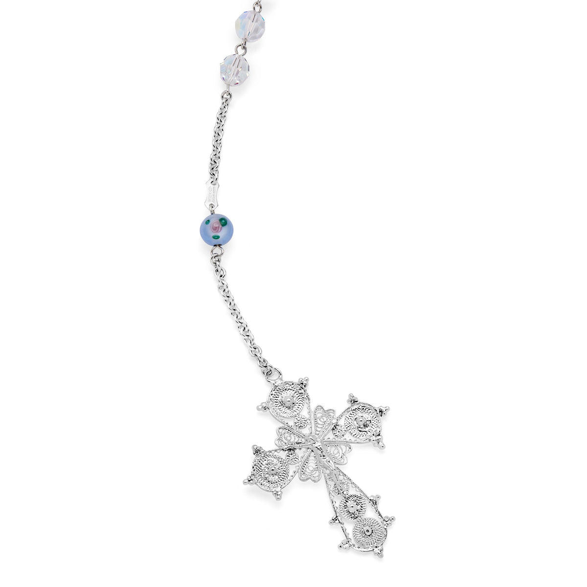 Sterling Silver Wedding Lazo with Crystal and Light Blue Lampwork Beads