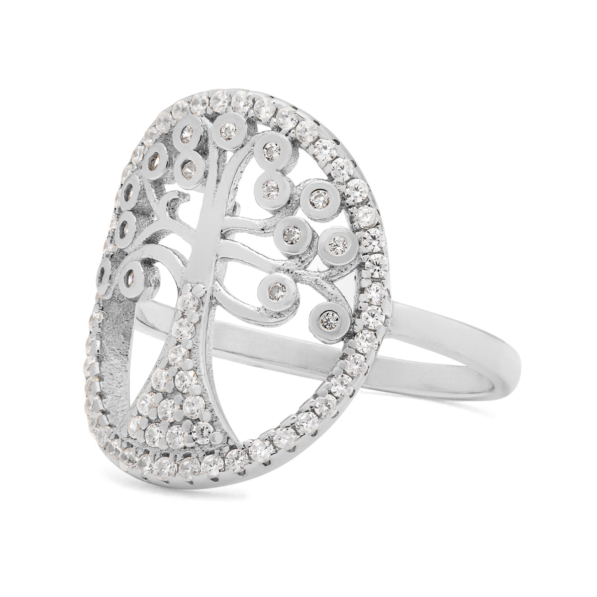 Sterling Silver Adjustable Tree of Life Ring With Cubic Zirconia Details