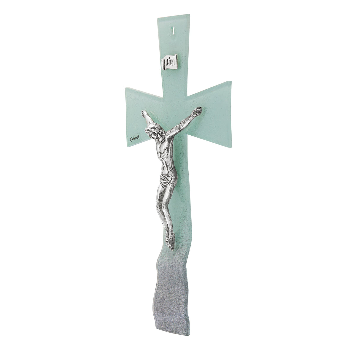 Wavy Aquamarine Murano Glass Crucifix