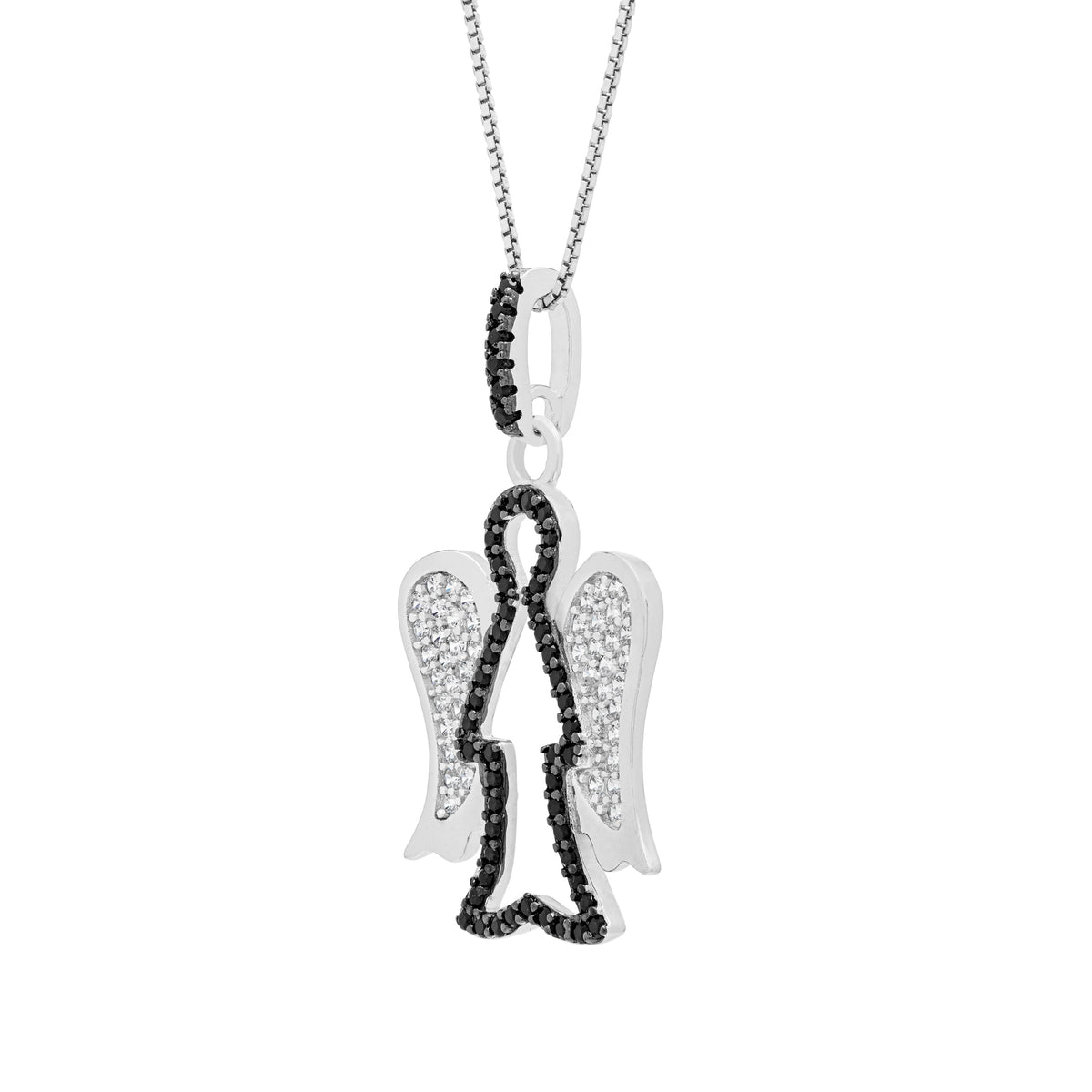 Sterling Silver Angel-shaped Pendant With Black Crystals and Chain