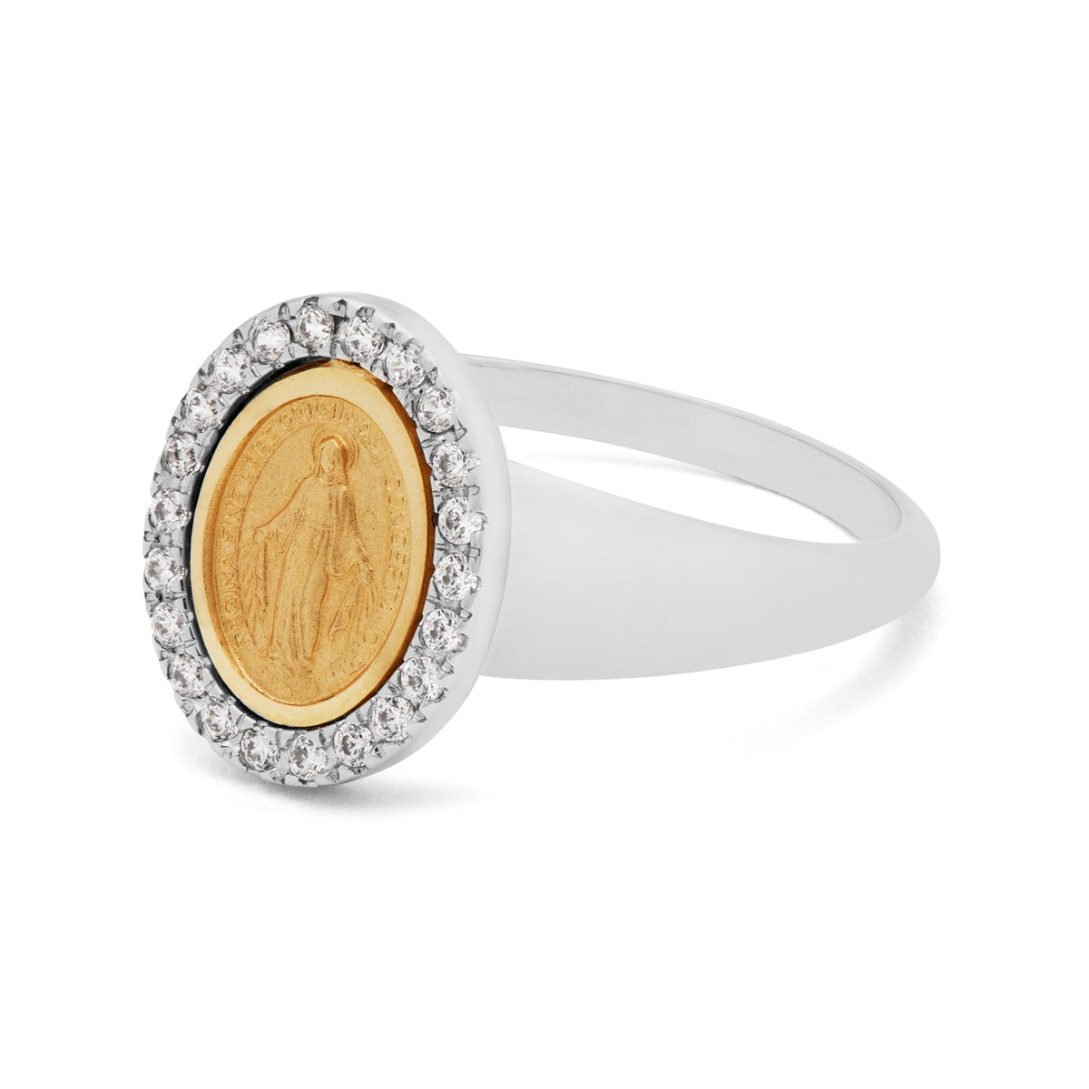 White Gold Ring With Miraculous Medal in Gold and Cubic Zirconia Details
