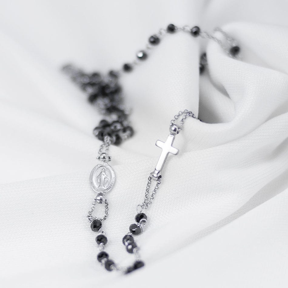 White Gold Rosary Necklace Black Crystals