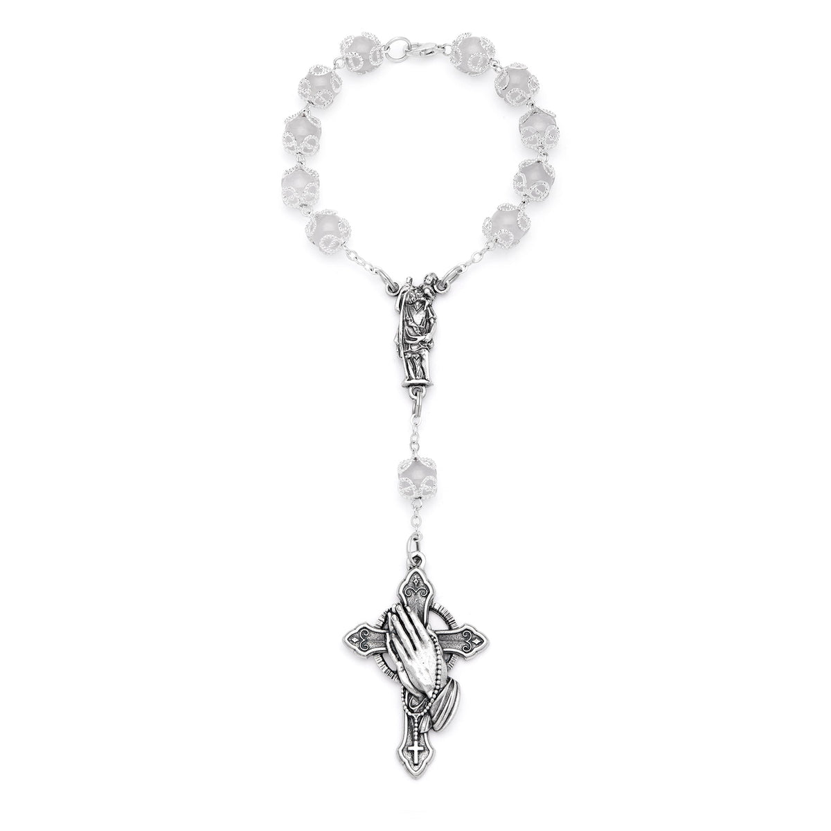 White Jade One-Decade Rosary Bracelet with St. Christopher and Praying Hands Cross