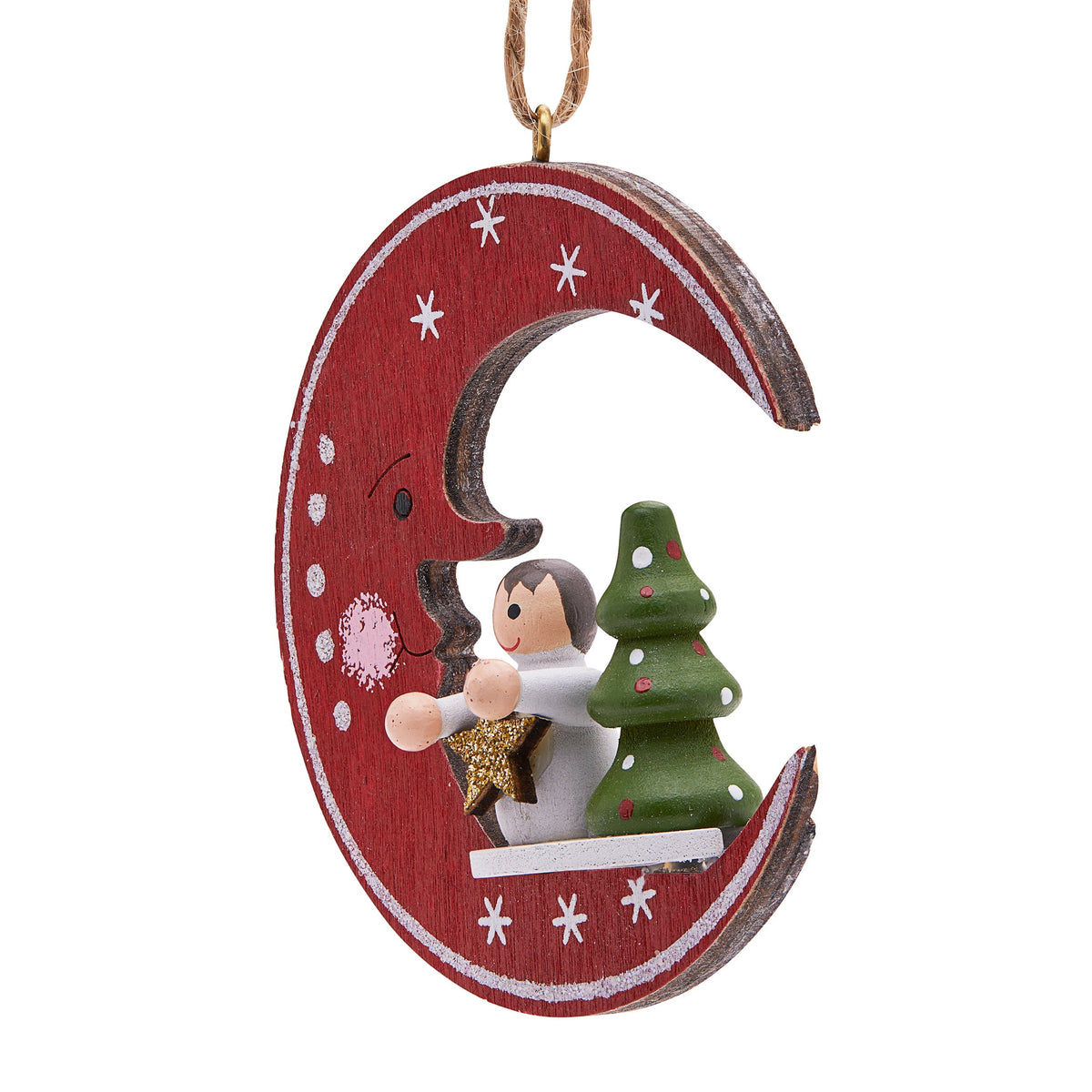 Wooden Moon-shaped Decoration With Resin Child and Christmas Tree