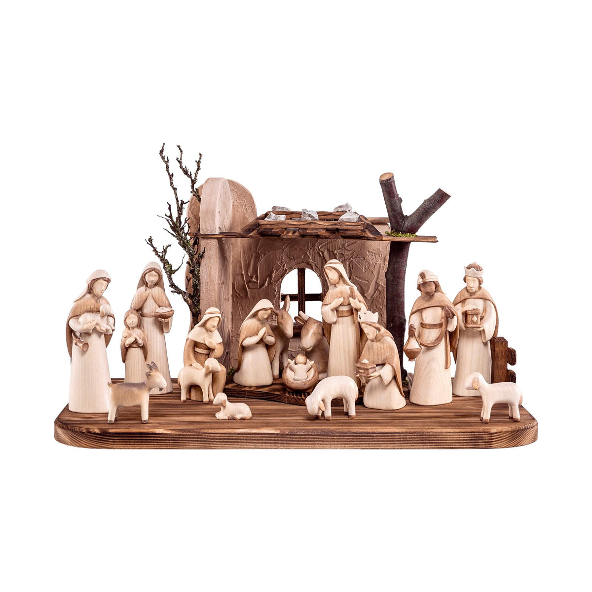 Wooden Nativity Scene Modern Style with the Three Magi and Shepherds