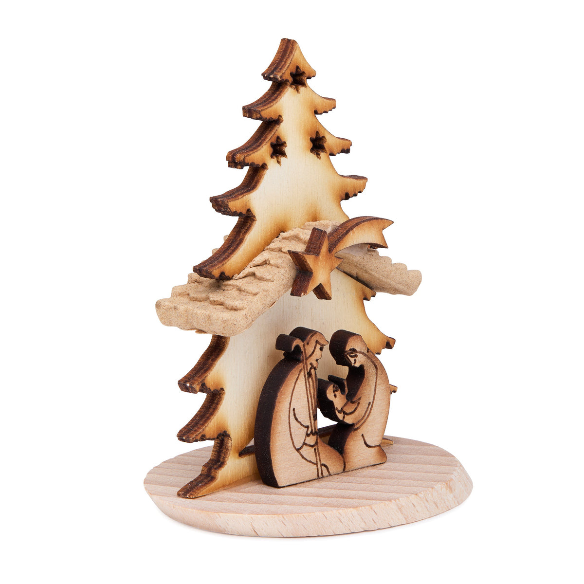 Wooden Nativity Scene with a Christmas Tree