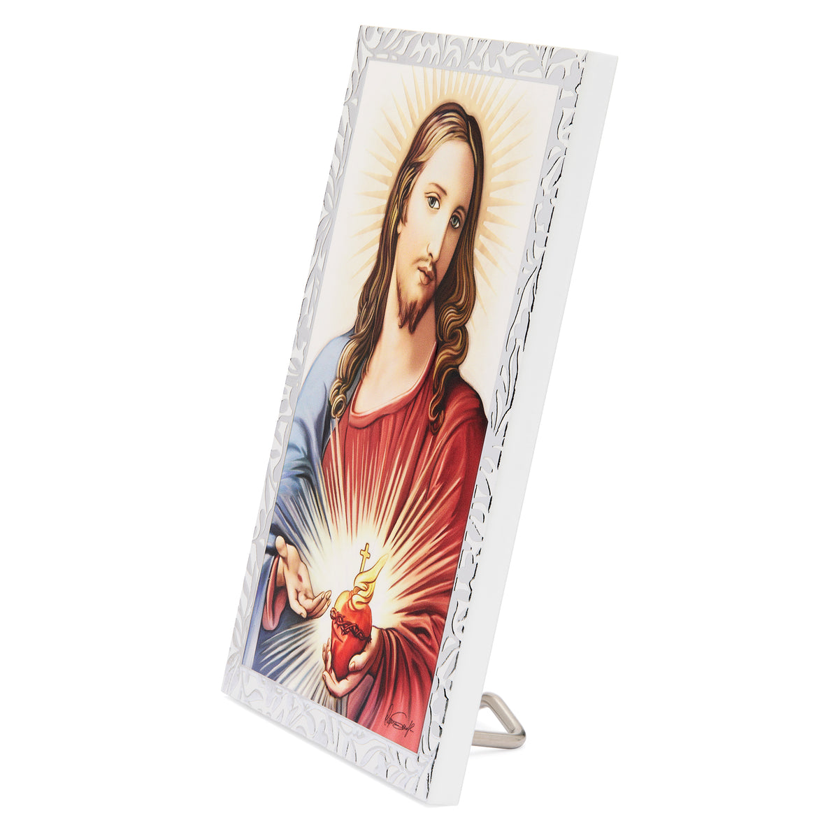 Wooden Panel with Sterling Silver Details of the Sacred Heart of Jesus