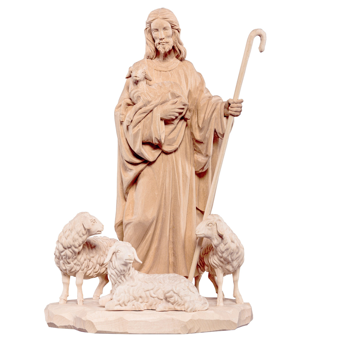 Wooden statue of Jesus shepherd with sheep