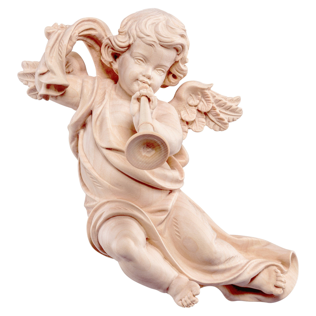 Wooden statue of Marian cherub with trombone