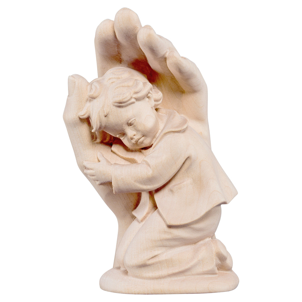 Wooden statue of Protecting hand standing with boy