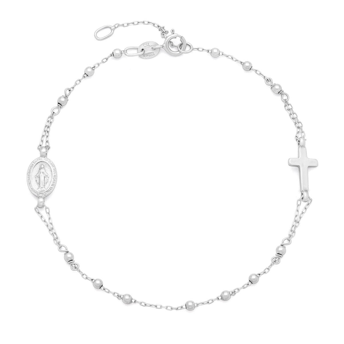 White Gold Adjustable Bracelet with Miraculous Medal and Cross