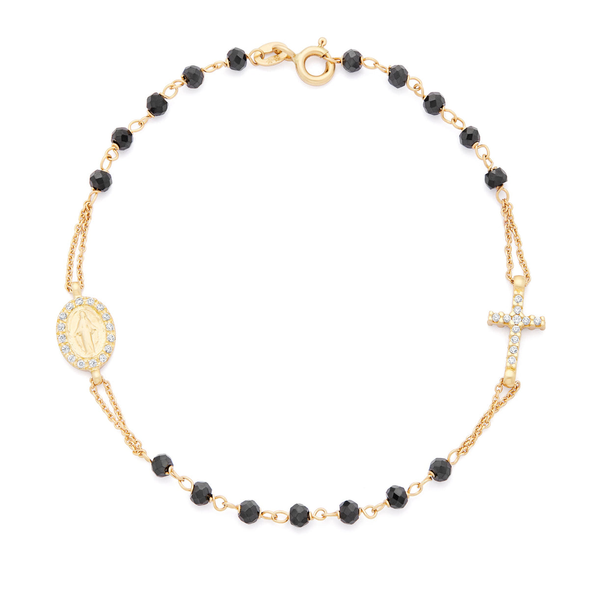 Yellow Gold and Black Beads Bracelet with Miraculous Medal and Cross with Cubic Zirconia