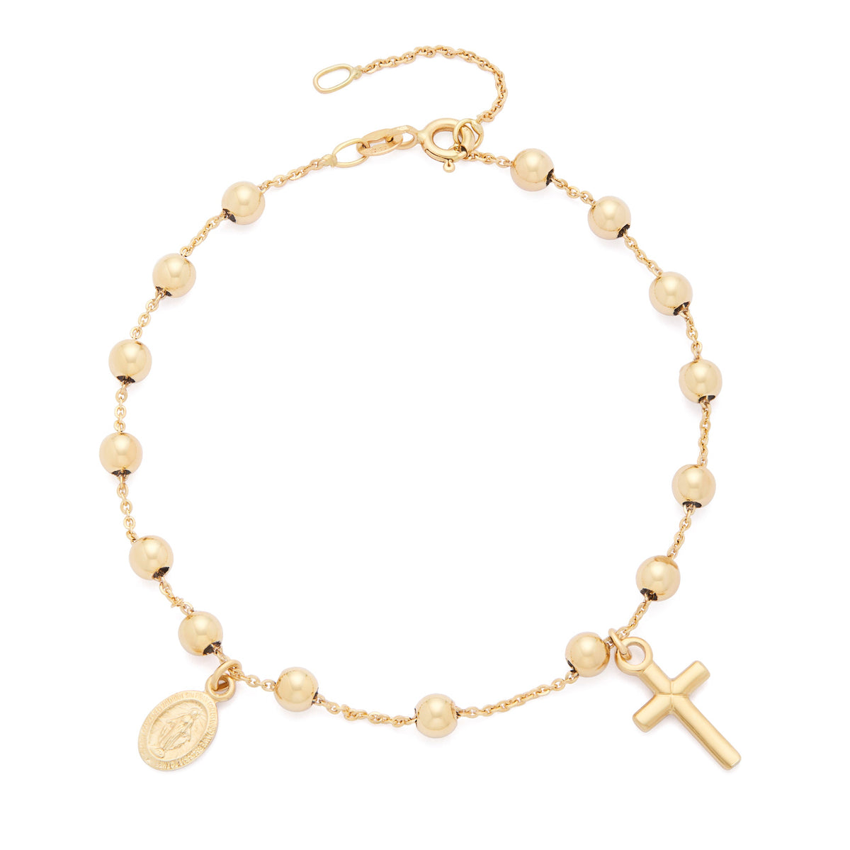 Yellow Gold Adjustable Bracelet with Miraculous Medal and Cross Pendants