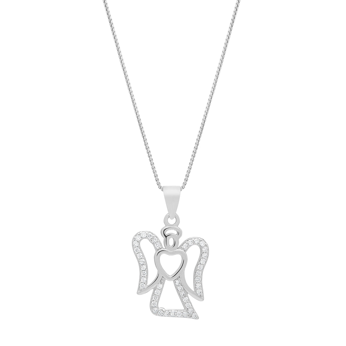 Sterling Silver Angel-shaped Pendant With Empty Heart With Crystals and Chain
