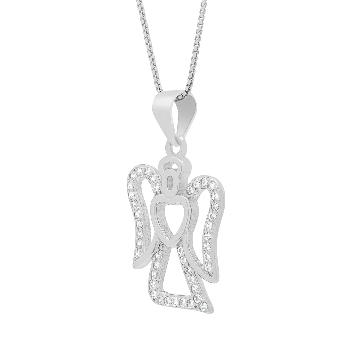 Sterling Silver Angel-shaped Pendant With Empty Heart With Crystals and Chain