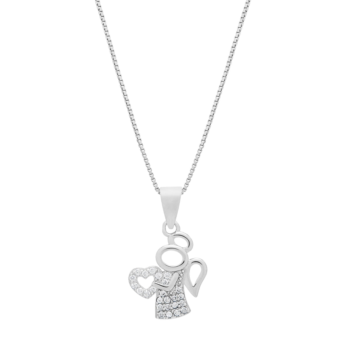 Sterling Silver Angel-shaped Holding a Heart Pendant With Crystals and Chain