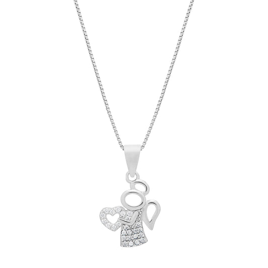 Sterling Silver Angel-shaped Holding a Heart Pendant With Crystals and Chain