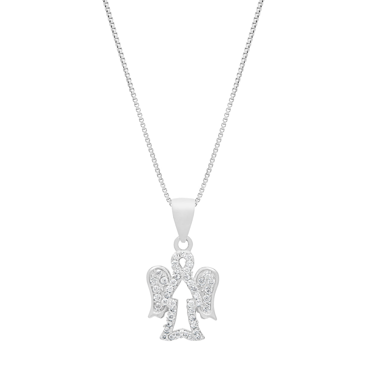 Sterling Silver Empty Angel-shaped Pendant With Crystal-covered Wings and Chain