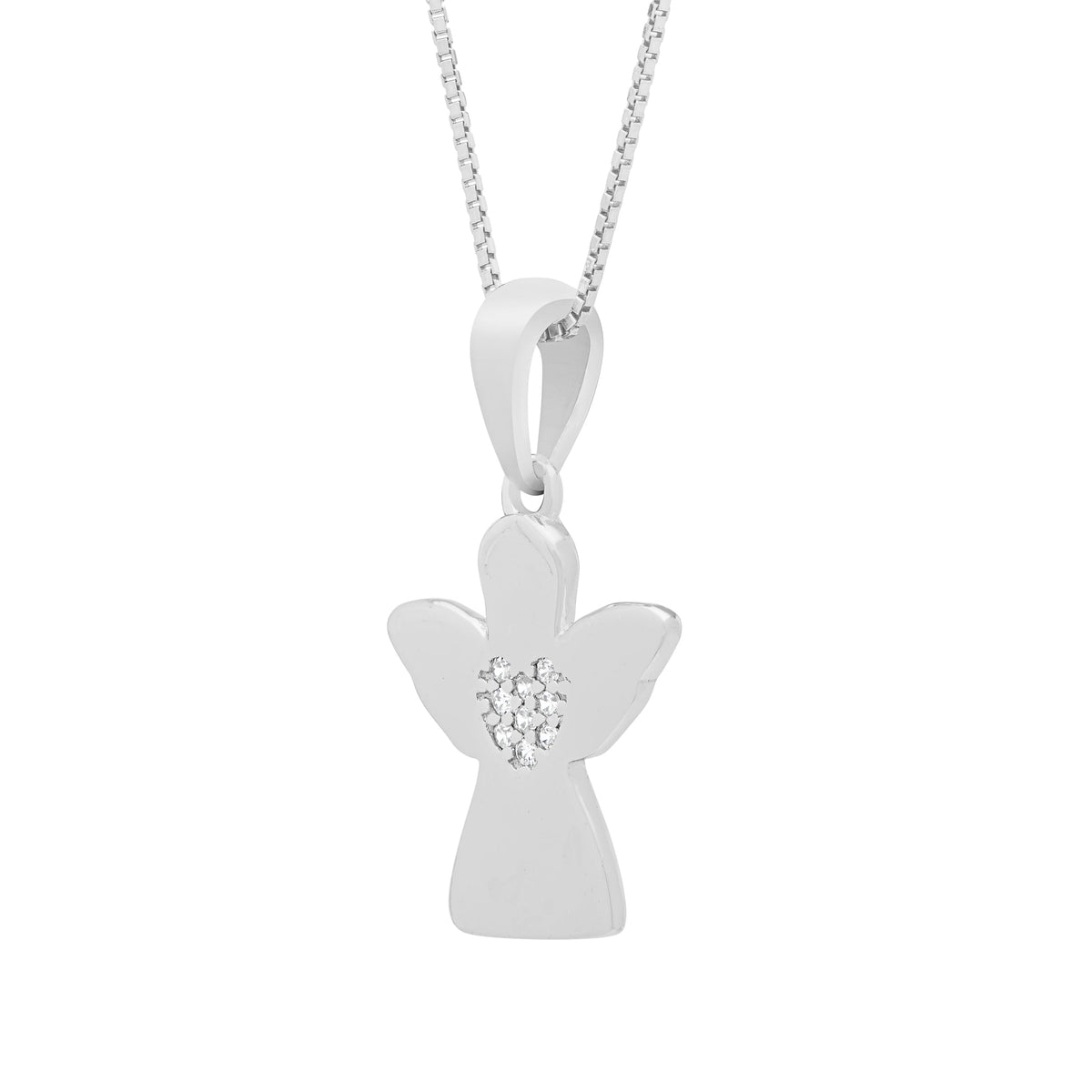 Sterling Silver Angel-shaped Pendant With Crystal-covered Heart and Chain