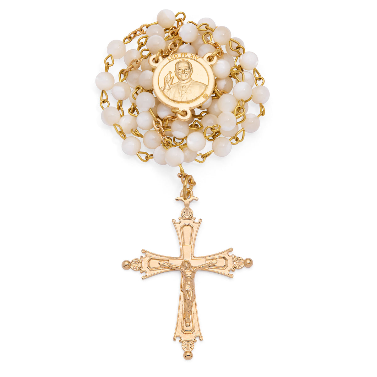 Pope Leo XIV Rosary in Gold-Tone with Mother-of-Pearl Beads