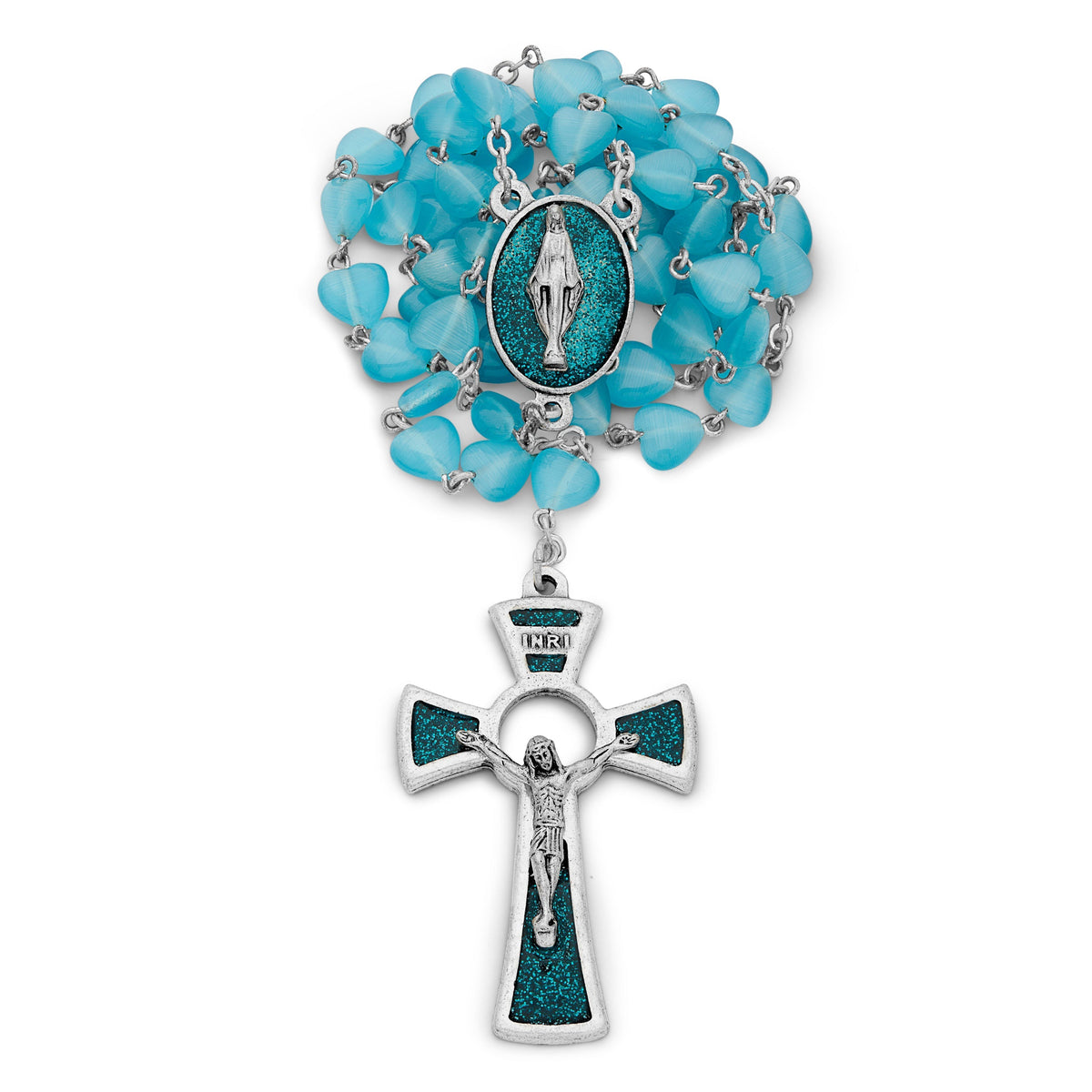 Light Blue Rosary with Heart-Shaped Cat Eye Beads