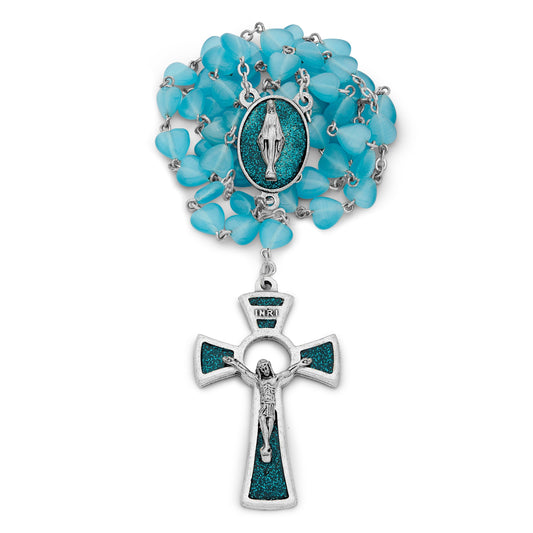Light Blue Rosary with Heart-Shaped Cat Eye Beads