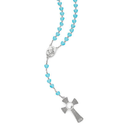 Light Blue Rosary with Heart-Shaped Cat Eye Beads