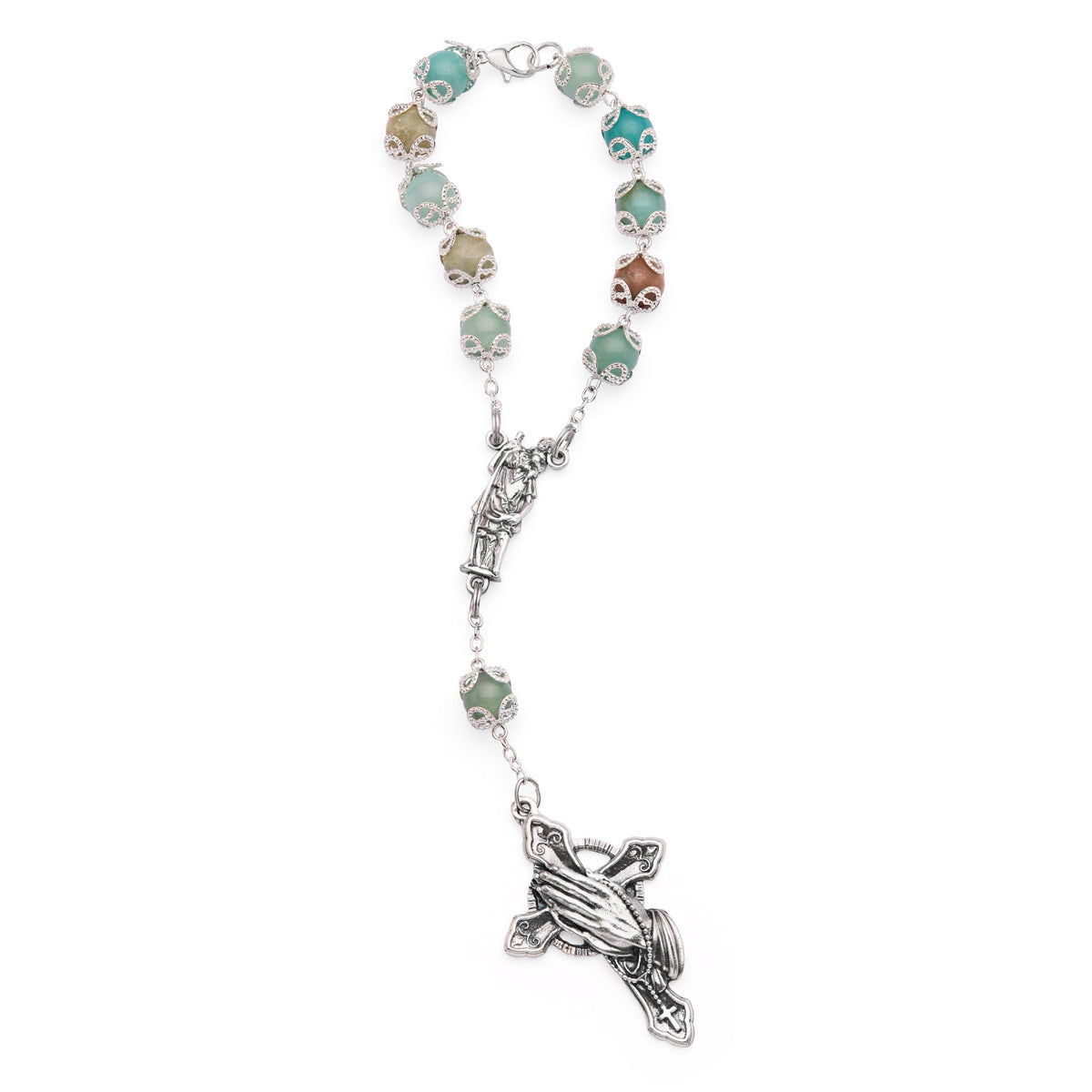 Amazonite One-Decade Rosary Bracelet with St. Christopher and Praying Hands Cross