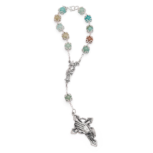Amazonite One-Decade Rosary Bracelet with St. Christopher and Praying Hands Cross