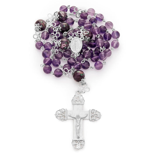 Sterling Silver Rosary with Amethyst and Hand-Painted Floral Glass Beads