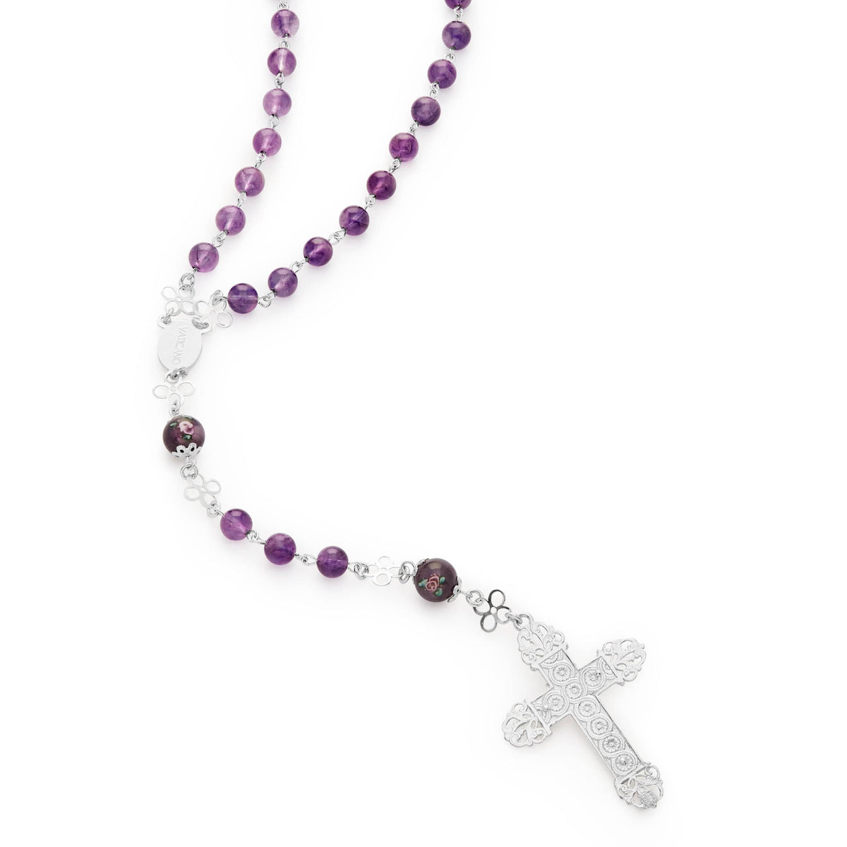 Sterling Silver Rosary with Amethyst and Hand-Painted Floral Glass Beads
