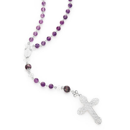 Sterling Silver Rosary with Amethyst and Hand-Painted Floral Glass Beads