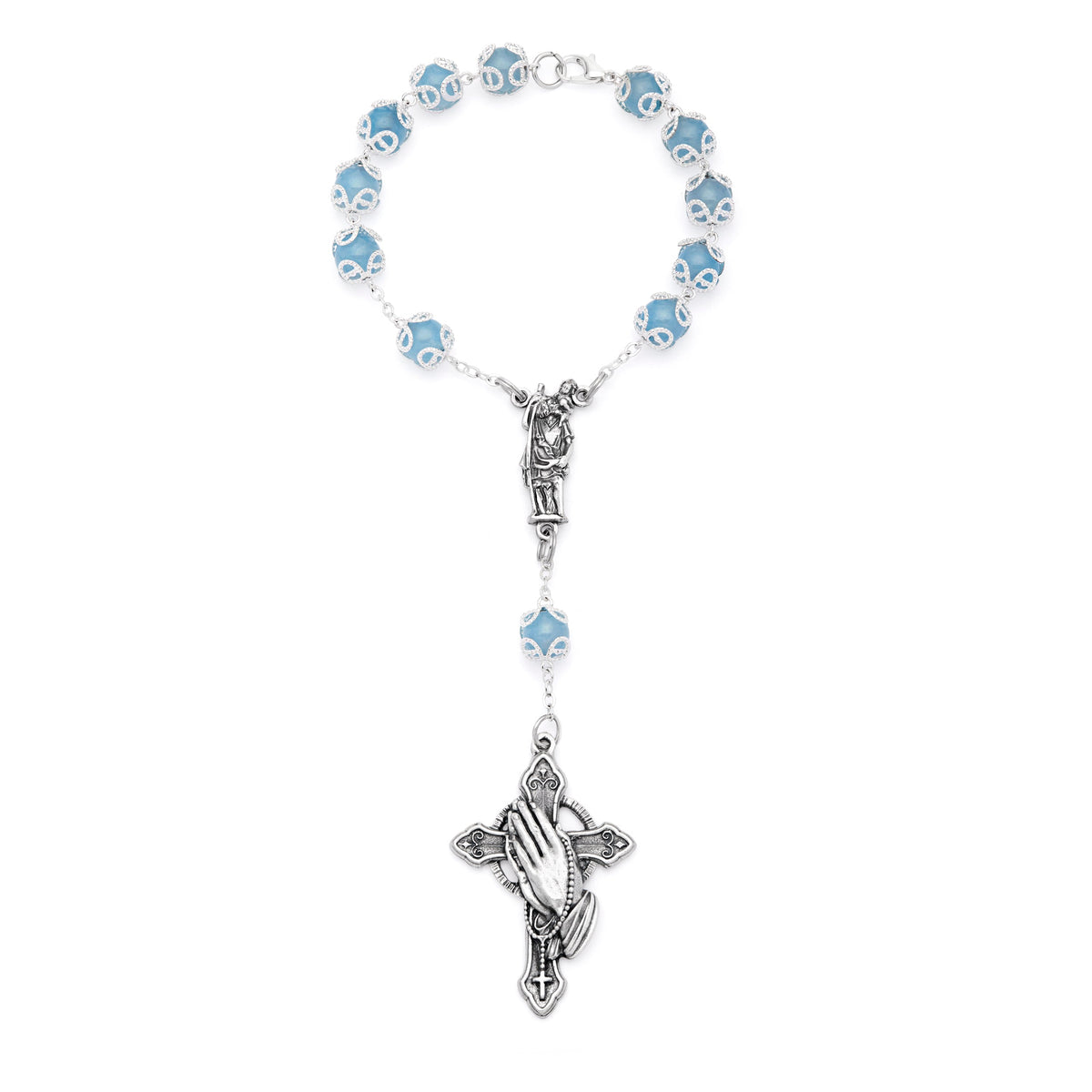 Angelite One-Decade Rosary Bracelet with Saint Christopher and Praying Hands Cross