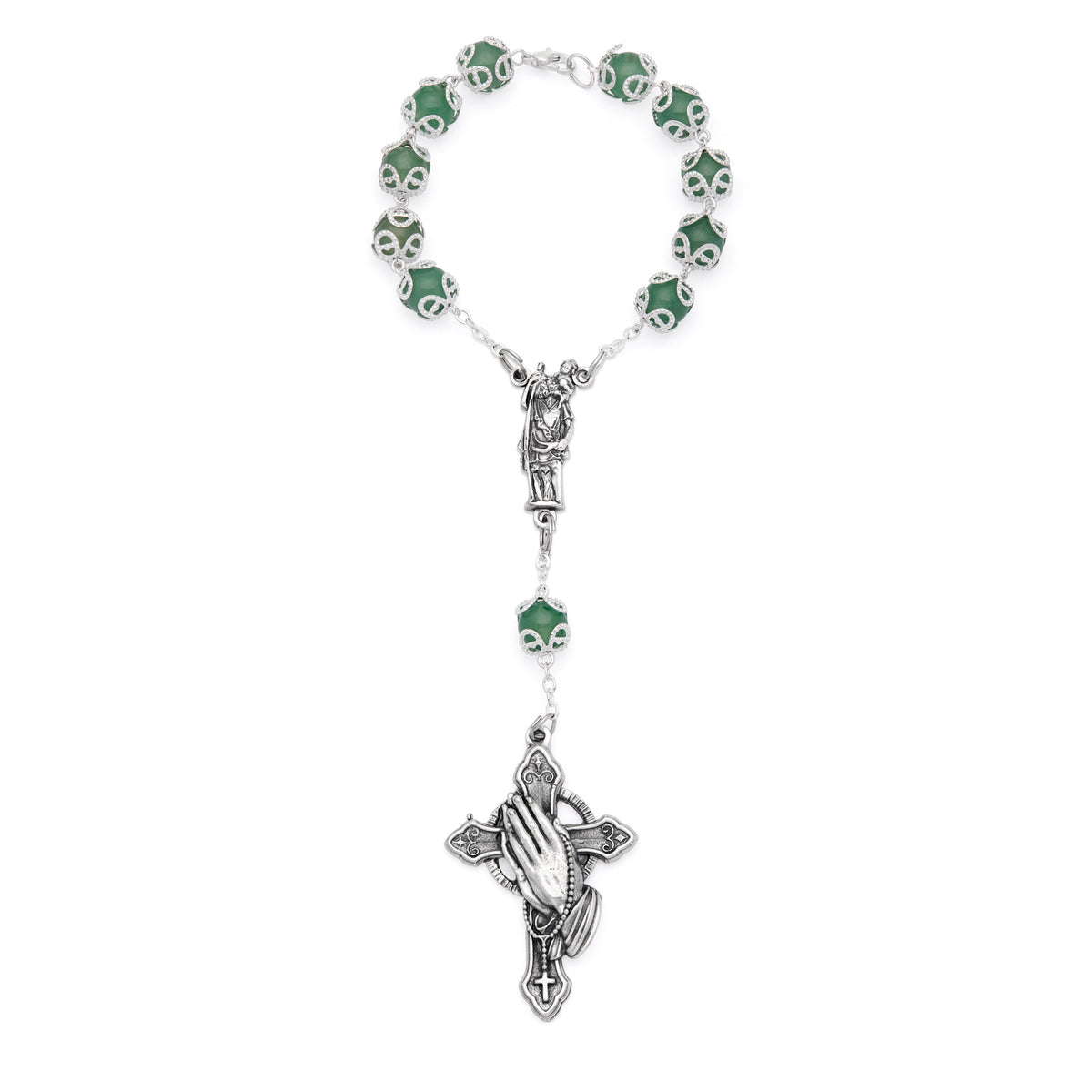 Aventurine One-Decade Rosary Bracelet with Saint Christopher and Praying Hands Cross – Car Protection