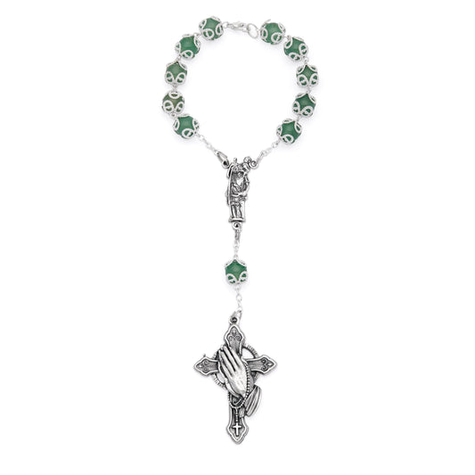 Aventurine One-Decade Rosary Bracelet with Saint Christopher and Praying Hands Cross – Car Protection