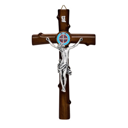 Beech Wood St. Benedict Crucifix With Colored Enameled Medal