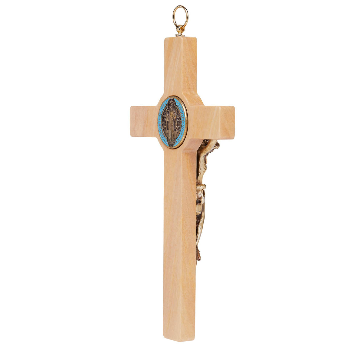Olive Wood St. Benedict Crucifix With Colored Enameled Medal and Beech Wood Interior