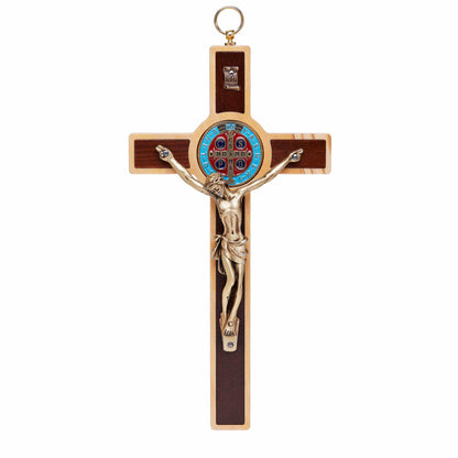 Olive Wood St. Benedict Crucifix With Colored Enameled Medal and Beech Wood Interior