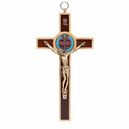Olive Wood St. Benedict Crucifix With Colored Enameled Medal and Beech Wood Interior