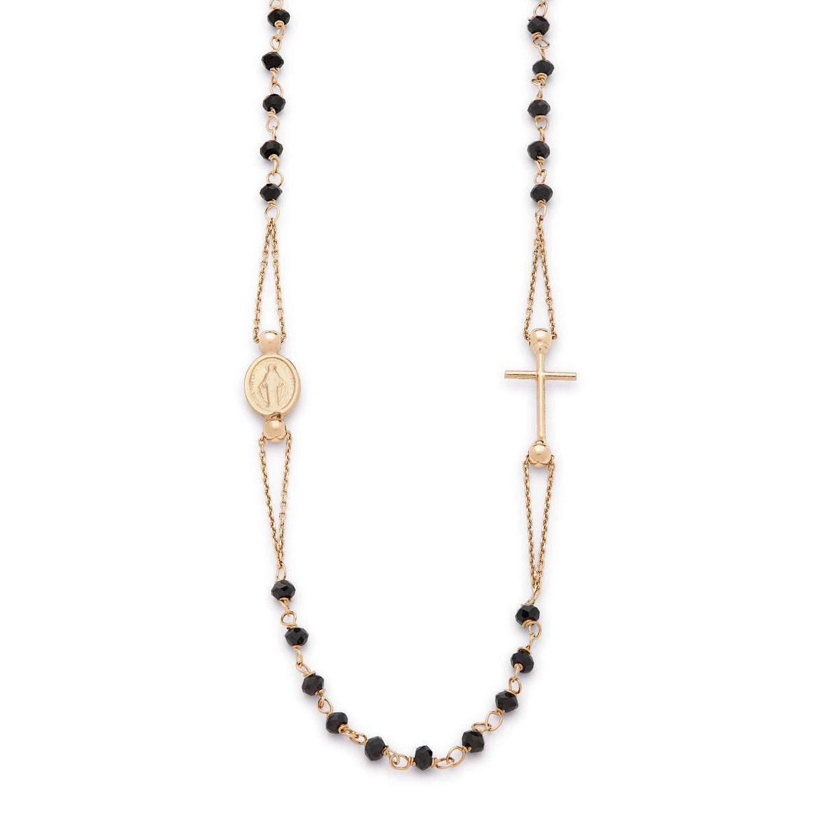 Black Crystals 18k Gold Rosary Beads Necklace